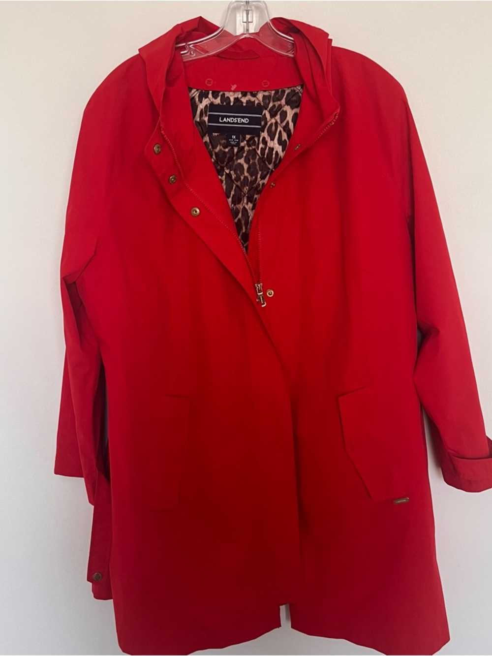 Lands' End Red Hooded Trench Coat with Leopard Lining